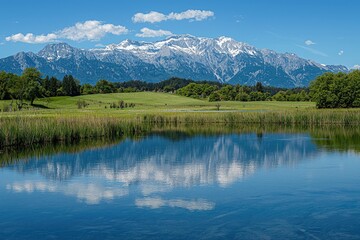 Naklejka premium A beautiful mountain range reflected in a calm body of water