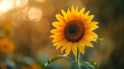 Fototapeta premium Full version of a wild sunflower (Helianthus annuus), bright golden petals with a rich dark center