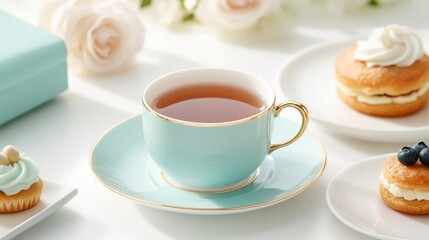 Elegant tea setup with pastries and floral accents