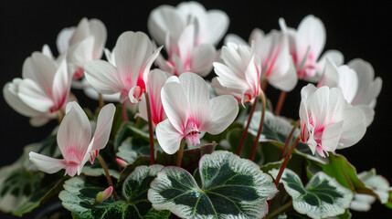 Fototapeta premium Full-frame shot of a white and pink cyclamen (Cyclamen hederifolium), delicate petals glowing under soft natural light