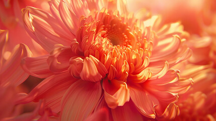 Hyper-detailed macro shot of a coral pink chrysanthemum, vibrant layered petals with fine floral details
