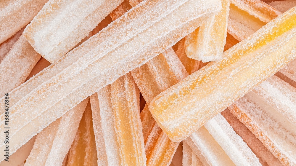 Poster close-up of a pile of orange-colored candies. the candies are thin and cylindrical in shape, with a 