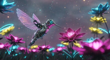 Robotic Hummingbird Pollinating Neon Flowers