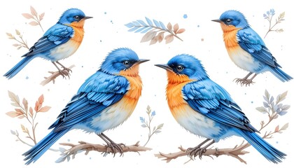 Naklejka premium Set of blue birds isolated with orange feathers, watercolor hand painted songbird, wildlife nature clip art, bird painting.