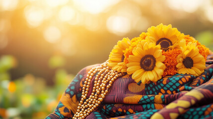 Vibrant kente cloth with golden beads and marigolds, celebrating African Liberation Day with warmth and intricate beauty