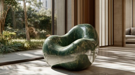 A glossy green stone chair sits inside a modern room
