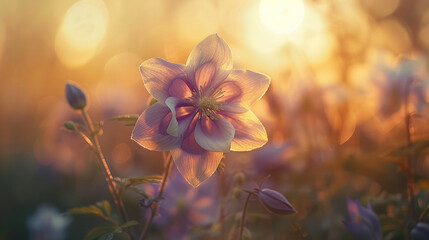 Portrait shot of a European columbine (Aquilegia vulgaris), delicate spurred petals with fine natural textures