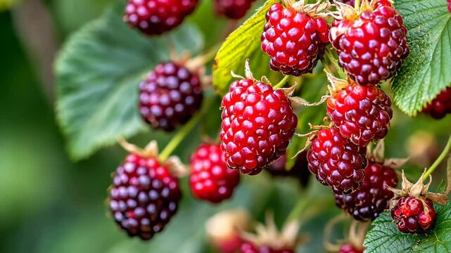 Fresh ripe blackberries growing on a bush in a sunny garden during late summer season