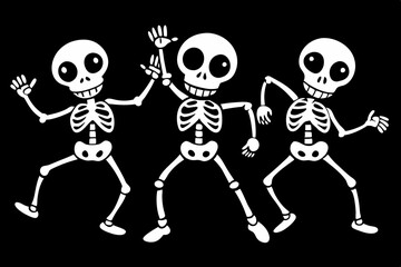 cartoon dancing skeleton set line art silhouette vector illustration