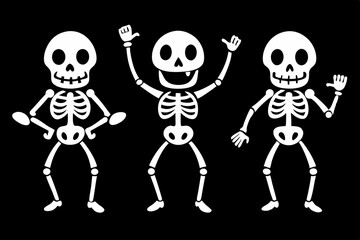 cartoon dancing skeleton set line art silhouette vector illustration