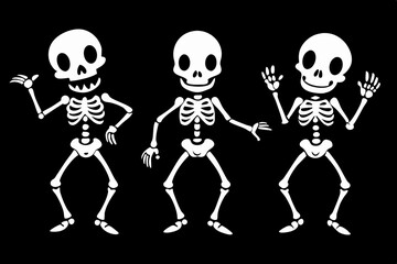 cartoon dancing skeleton set line art silhouette vector illustration
