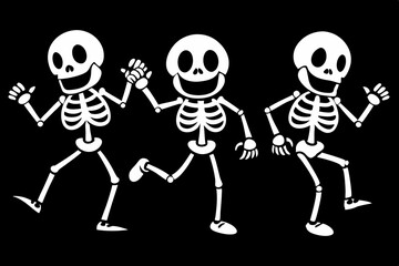 cartoon dancing skeleton set line art silhouette vector illustration
