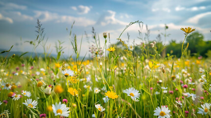 Wide shot of a European wildflower field, vibrant blossoms of various colors in full bloom