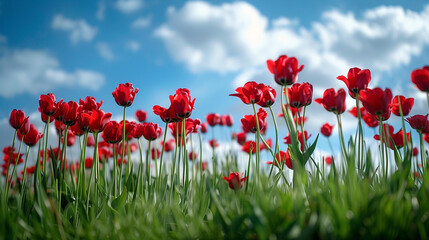 Obraz premium Wide shot of a patch of wild tulips, red and yellow blooms standing out in a green meadow