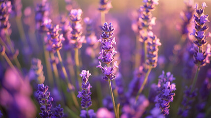 Wide shot of a purple lavender field, a sea of fragrant blossoms under golden-hour light