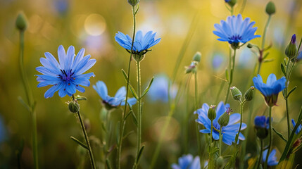 Wide shot of a wildflower field with blue chicory flowers, tall blossoms contrasting against green foliage