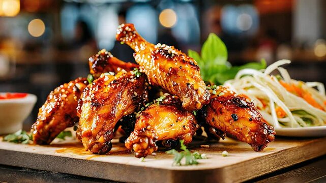 Savory barbecue chicken wings served on a wooden platter with fresh herbs and salad.