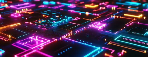 Obraz premium electronic components Futuristic neon circuit board design.