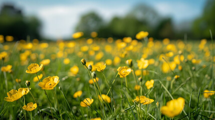 Obraz premium Wide-angle shot of a lush meadow filled with yellow wildflowers, golden petals glowing under natural light