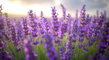 Wide-angle shot of a wild lavender field, rows of fragrant purple flowers stretching across the horizon