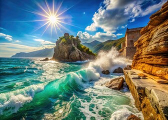 Naklejka premium Montenegro's Budva: summer's waves crash on rocks, a long exposure captures the ethereal beauty.