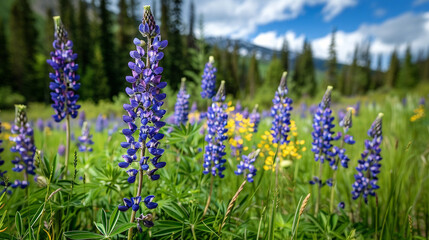 Wide-angle shot of a wildflower meadow with purple lupines, tall spikes of vibrant flowers under soft sunlight