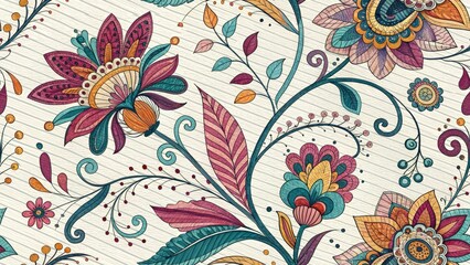 Panoramic Abstract Floral Sketch Design, Lined Paper, Botanical Illustration, Floral Art, Artistic Background