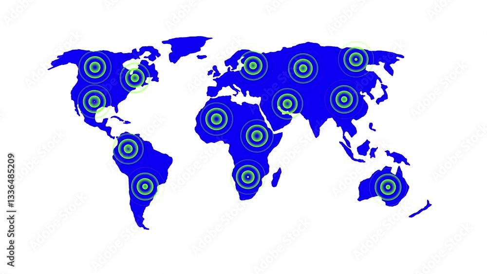 Poster digital world map with network connections and communication icons world with connected radio waves 