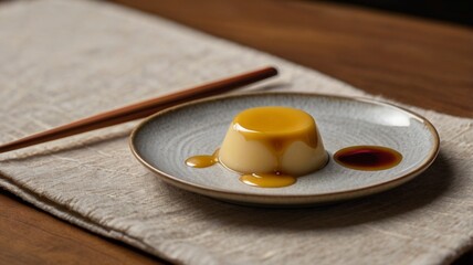 A side-by-side composition showcasing a classic Japanese purin on a traditional ceramic plate next to a contemporary version on a sleek, minimalist dish.