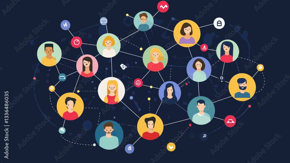 Poster social network connection vector illustration with diverse user profiles and communication icons for