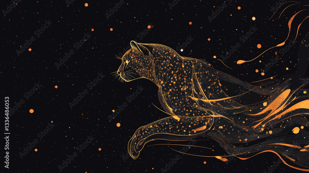 Poster dynamic abstract cheetah in flames style with starry night sky and space theme, representing speed a