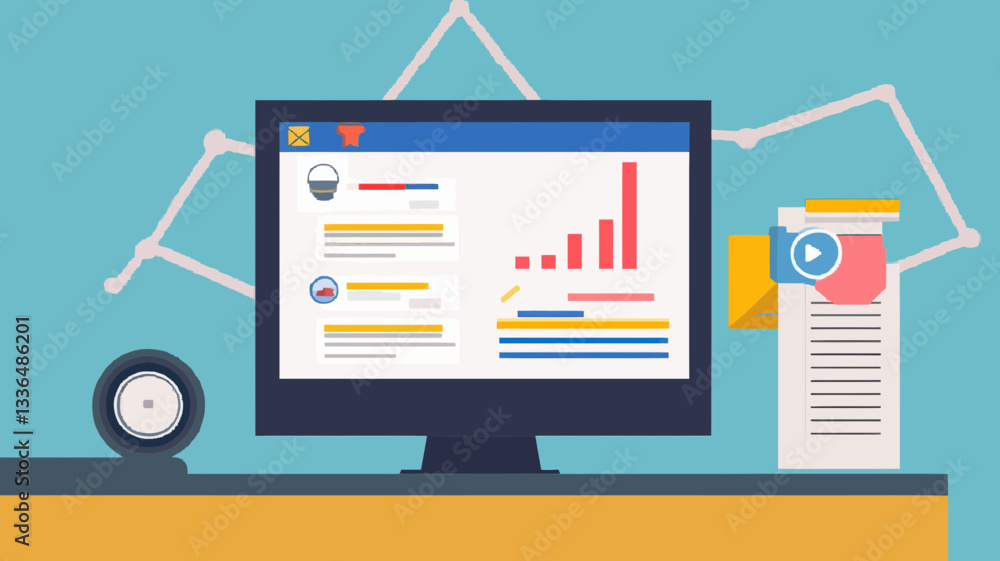 Poster seo analytics dashboard on desktop with graphs and reports for digital marketing analysis