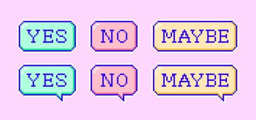 Pixel art buttons and speech bubbles. Colorful pixelated elements with text Yes, No, Maybe. Vector illustration