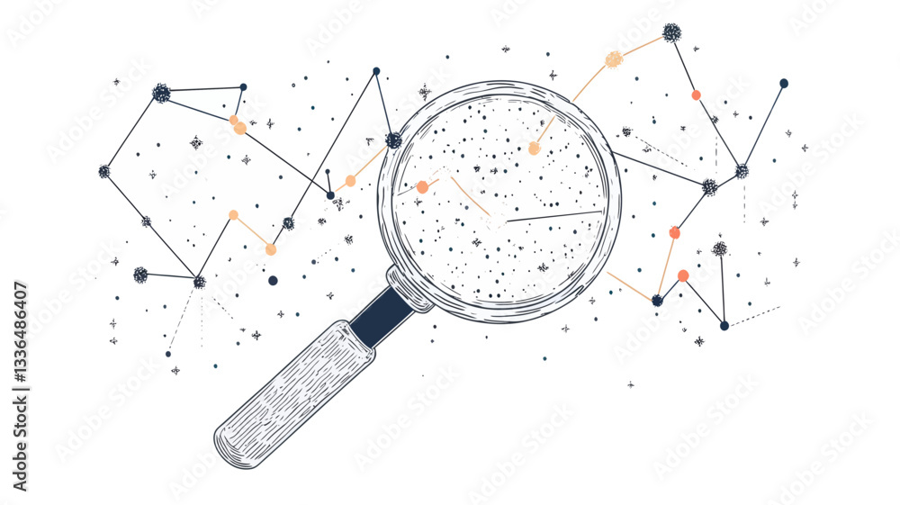 Poster abstract line and point illustration with magnifying glass and chart representing data analysis and 