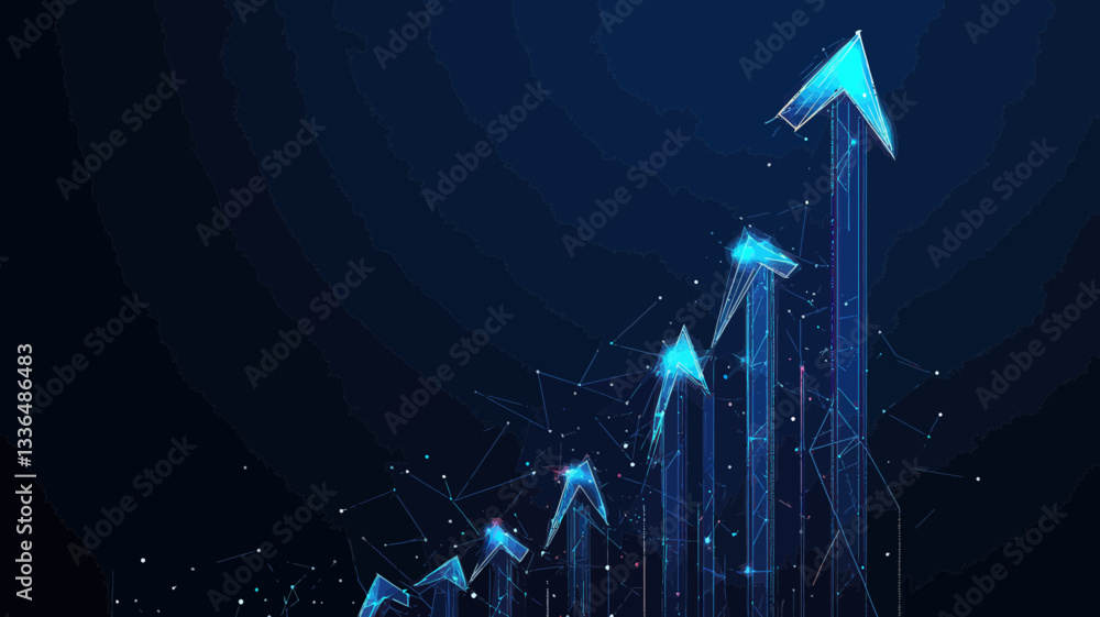 Poster abstract digital arrow graph on technological blue polygonal background showing business growth and 