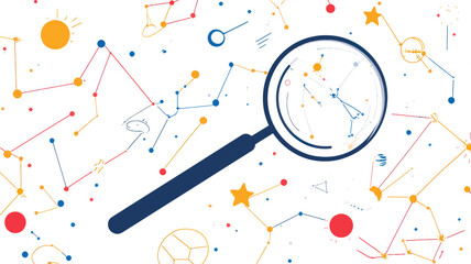 Obraz premium Abstract Line Art Magnifying Glass with Starry Sky and Universe Background Vector Illustration, Concept of Search, Exploration, and Discovery in Space, Modern Minimalistic Business Graphic Design