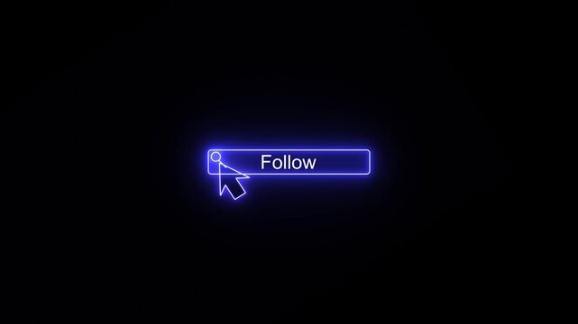 Glowing neon blue color white text cursor animation pointing towards Follow button in looping with transparent background