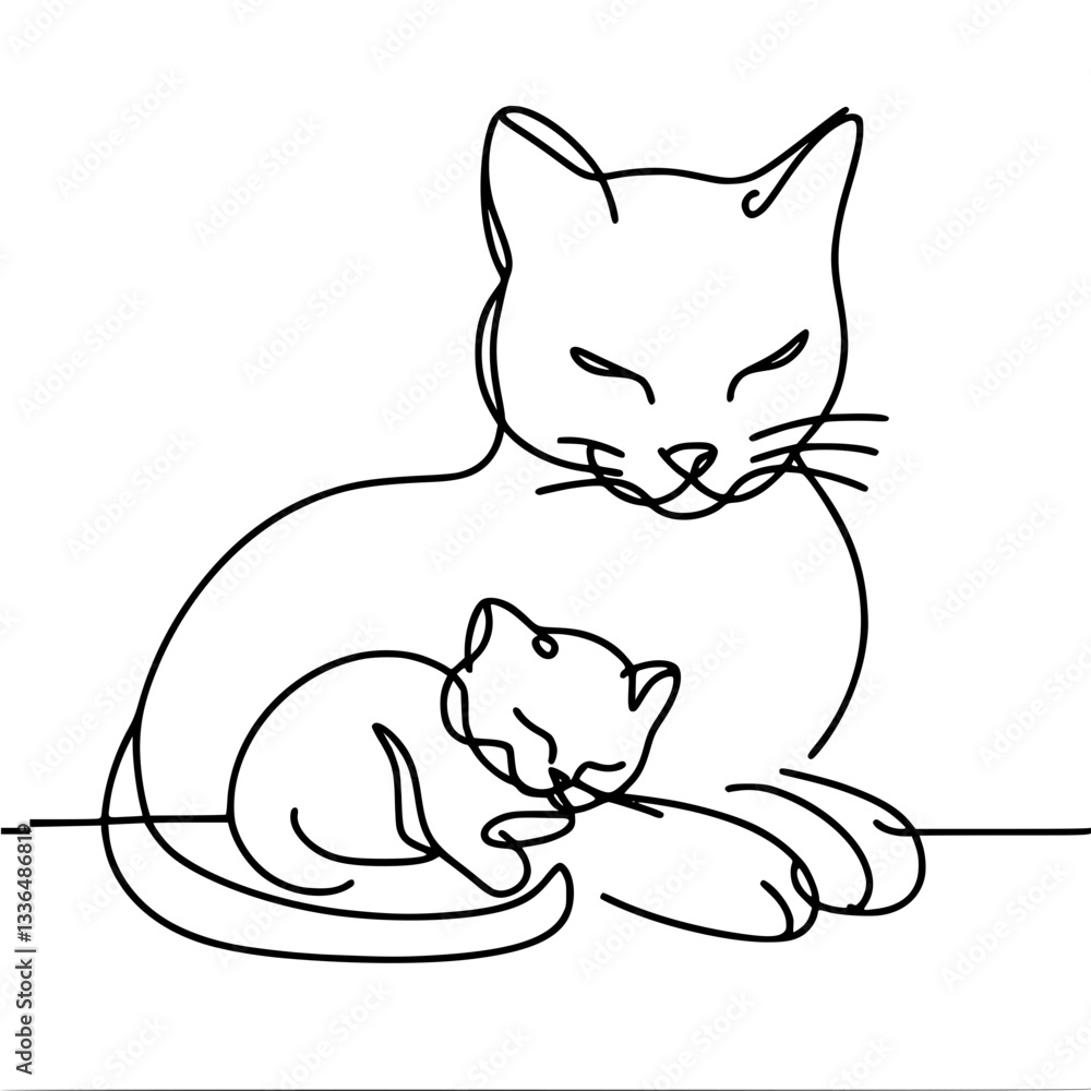 Poster one line vector outline drawing of cat and kitten sleeping next to each other