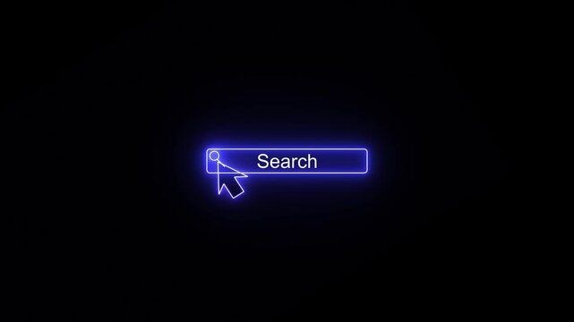 Glowing neon blue color white text cursor animation pointing towards search button in looping with transparent background