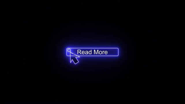 Glowing neon blue color white text cursor animation pointing towards read more button in looping with transparent background