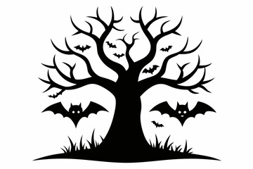 halloween tree line art silhouette vector illustration