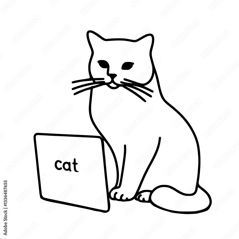 Poster single line vector outline drawing of a cat sitting next to a tablet with the word 