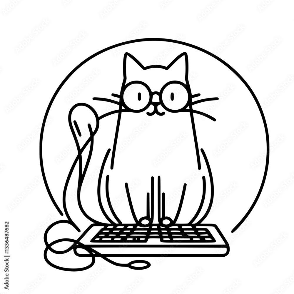 Poster single line vector outline drawing of smart cat in glasses at keyboard