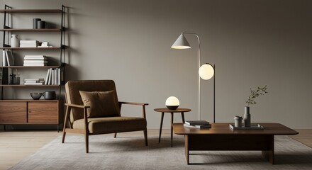 A cozy living room with a minimalist design featuring a wooden armchair, warm lighting, and modern decor. The neutral color palette creates a calm and inviting atmosphere
