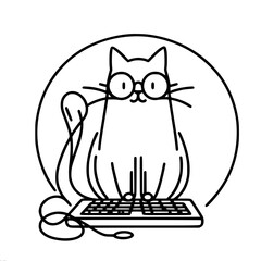 single line vector outline drawing of smart cat in glasses at keyboard