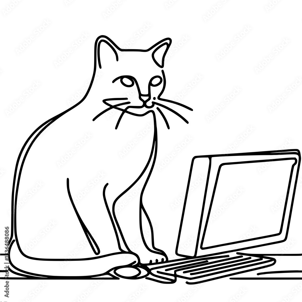 Poster simple black vector outline drawing of a cat sitting on a table near a computer