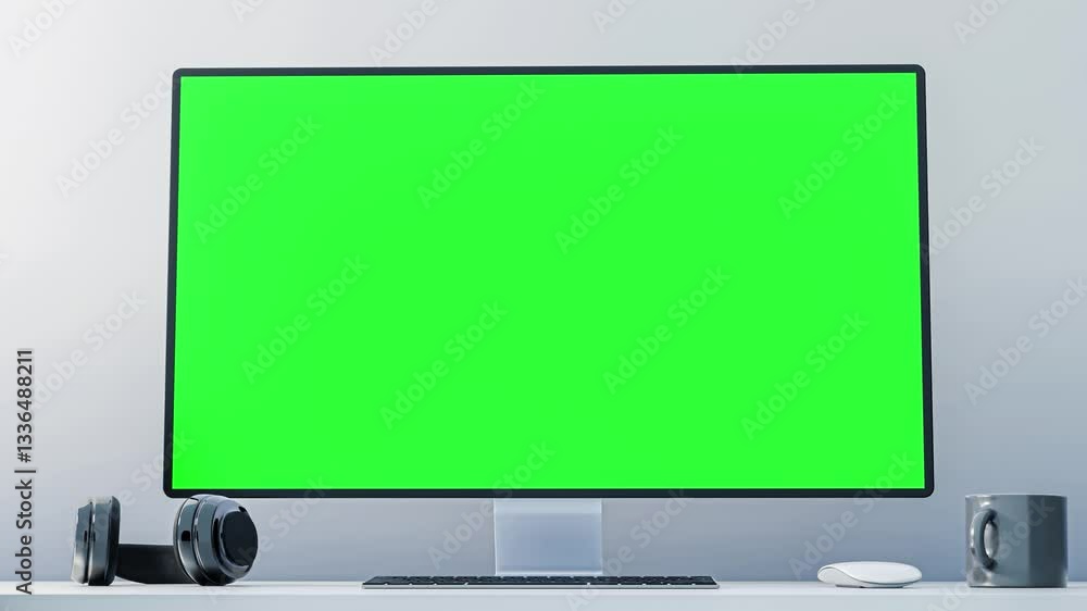 Poster modern workspace featuring a green screen computer monitor and headphones, a smooth camera movement 