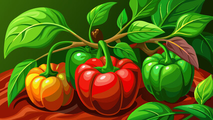 
Close up of Capsicum plant with ripening green fruits. Capsicum is also known as bell pepper, red pepper and green pepper.