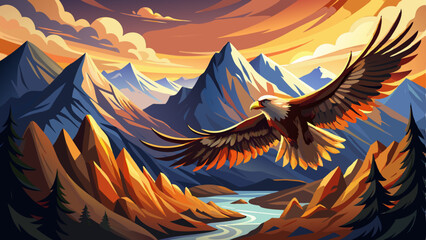 vector of majestic eagle soaring over a rugged mountain range, its wings casting a shadow over the valley far below. © koushkij