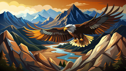 vector of majestic eagle soaring over a rugged mountain range, its wings casting a shadow over the valley far below. © koushkij